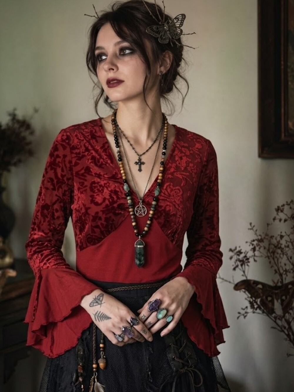 Y2K Whimisigoth Witchy Vamp Burnout Velvet Bell Sleeve Dark Red Sz L Fits a SM